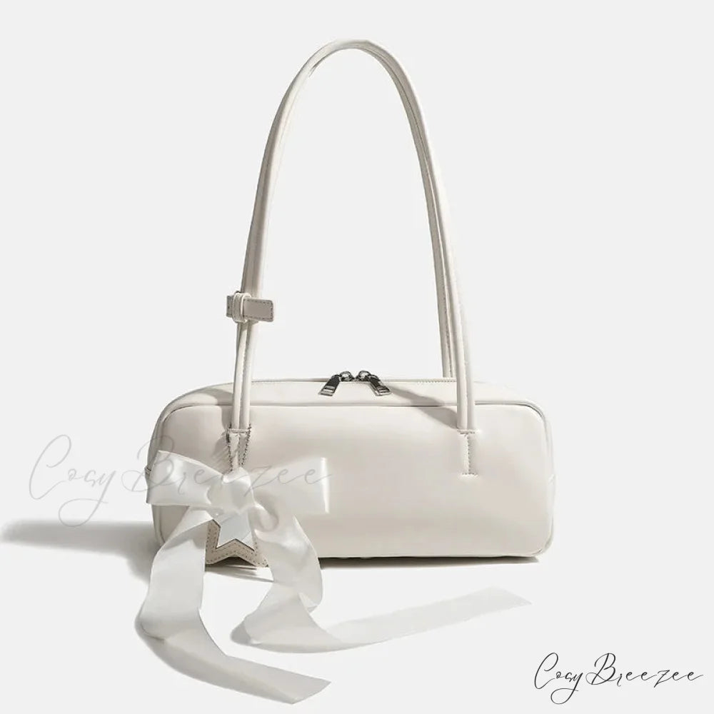 Solid Color Zipper Shoulder Bag White with bow shoulder-250126