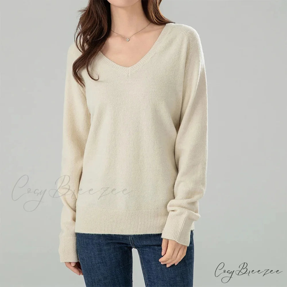 Solid Cozy V-neck Black Casual Long Sleeve Stylish Knitted Autumn Sweater Beige / S