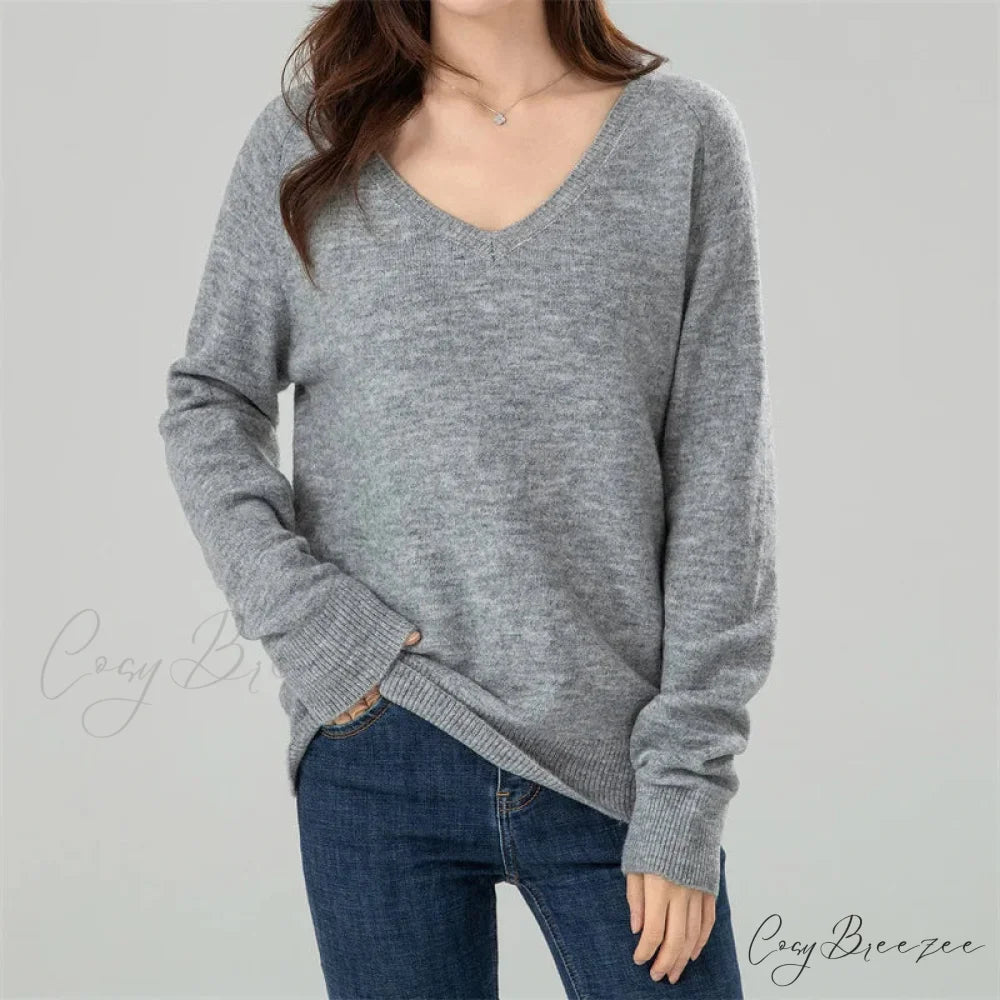 Solid Cozy V-neck Black Casual Long Sleeve Stylish Knitted Autumn Sweater GRAY / S