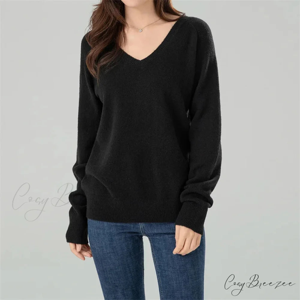 Solid Cozy V-neck Black Casual Long Sleeve Stylish Knitted Autumn Sweater Black / S