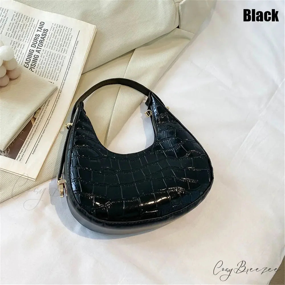 Solid Crocodile Print Large Capacity Shoulder Handbag Black handbag-250126