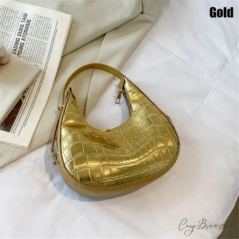 Solid Crocodile Print Large Capacity Shoulder Handbag Gold handbag-250126