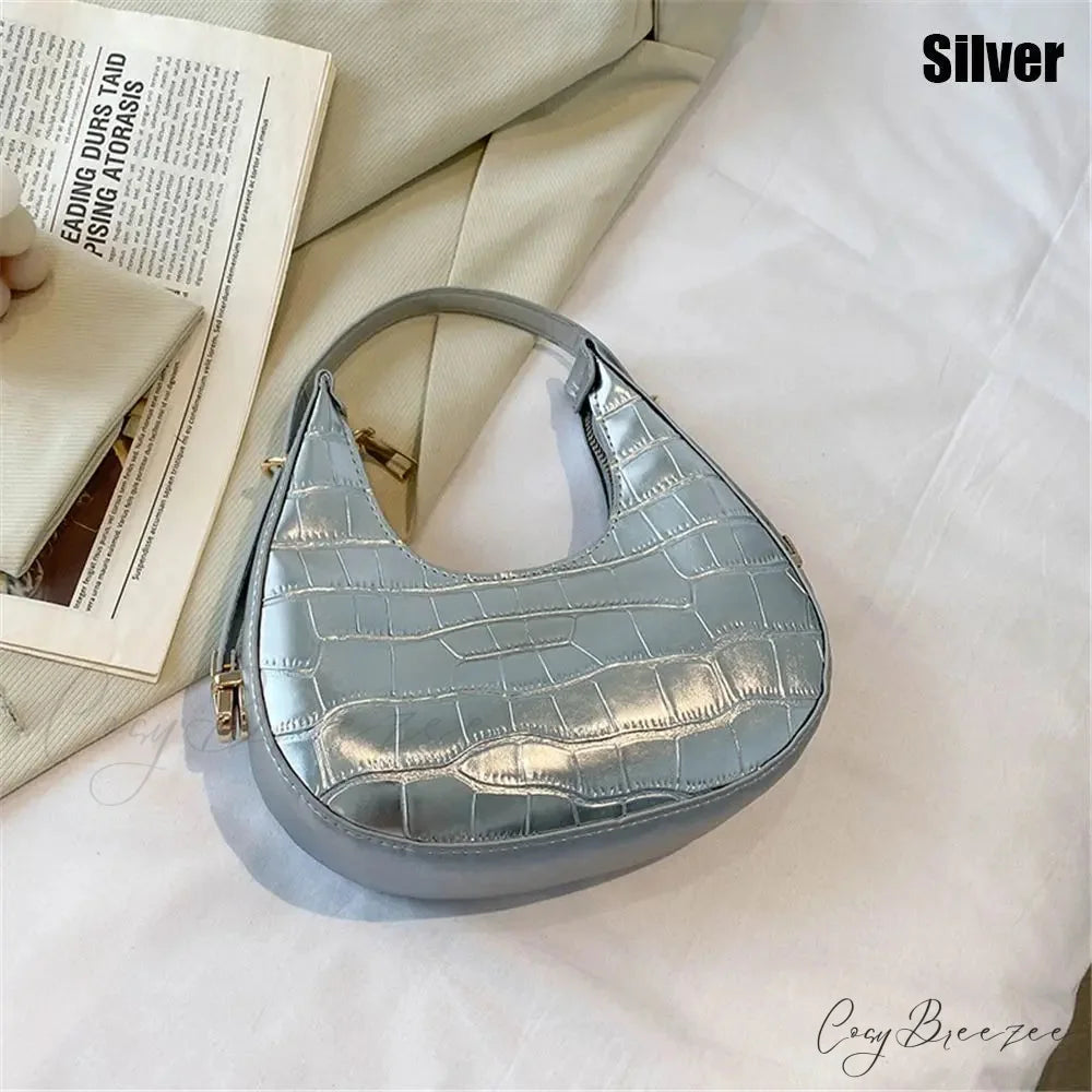 Solid Crocodile Print Large Capacity Shoulder Handbag silver handbag-250126