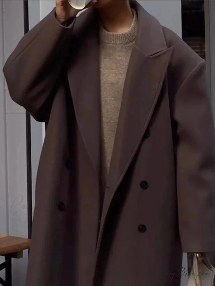 Solid Double-Breasted Turn-Down Coat overcoats-241228
