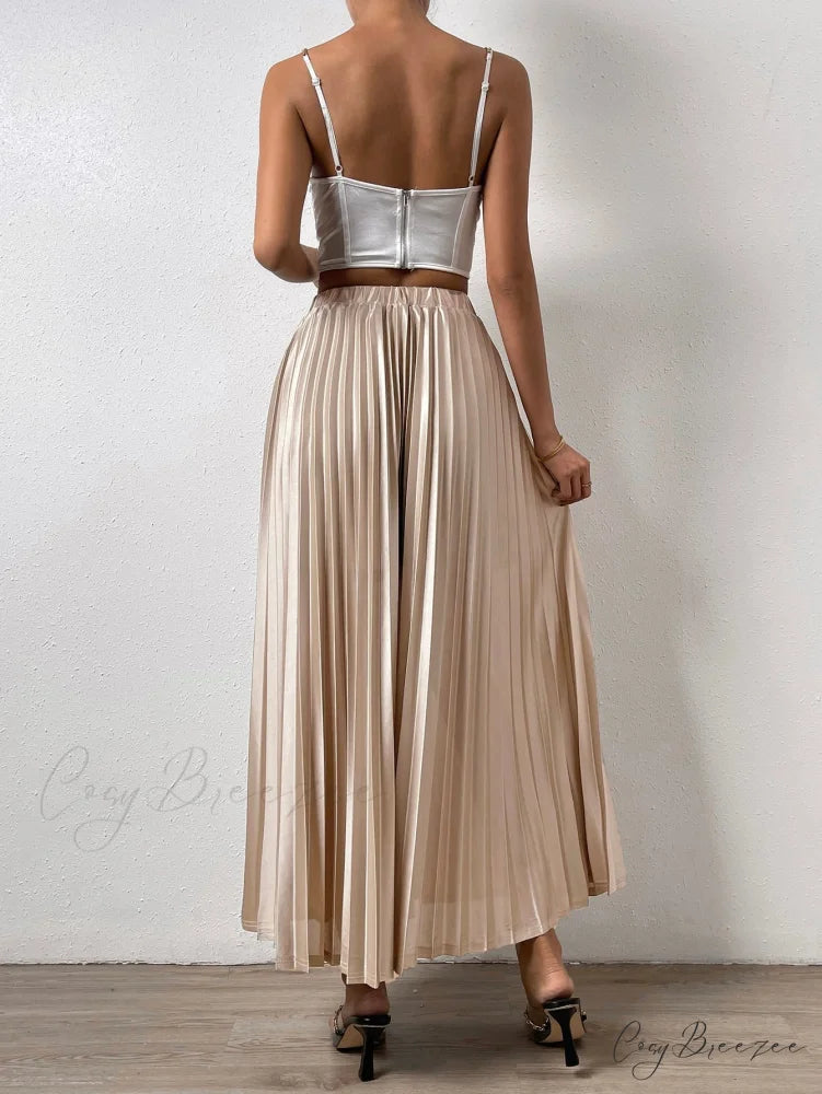 Solid Elastic Waist Pleated Skirt