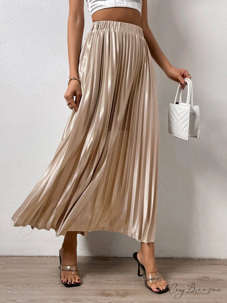 Solid Elastic Waist Pleated Skirt