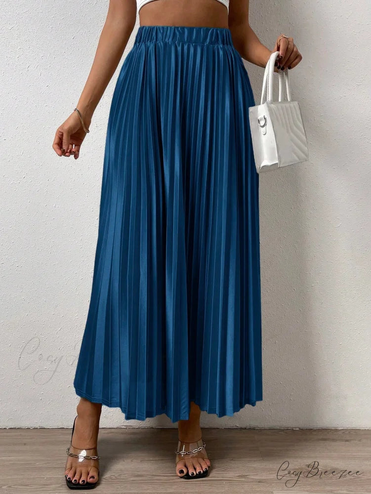 Solid Elastic Waist Pleated Skirt Blue / XS