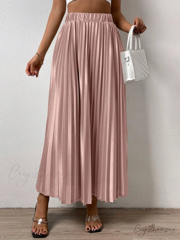 Solid Elastic Waist Pleated Skirt Coral Pink / XS
