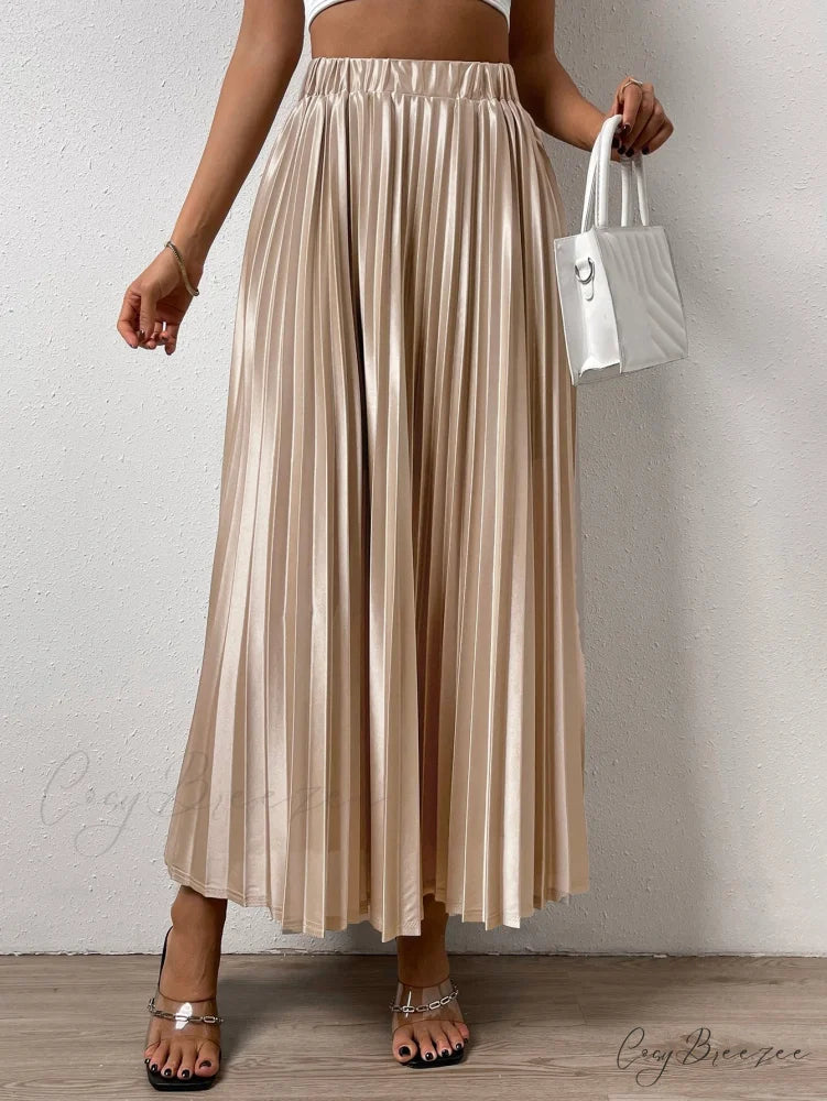 Solid Elastic Waist Pleated Skirt Khaki / XS