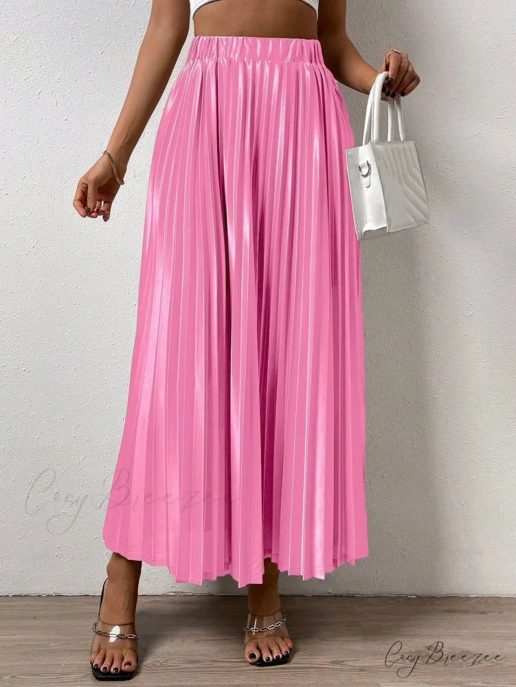 Solid Elastic Waist Pleated Skirt Watermelon Pink / XS