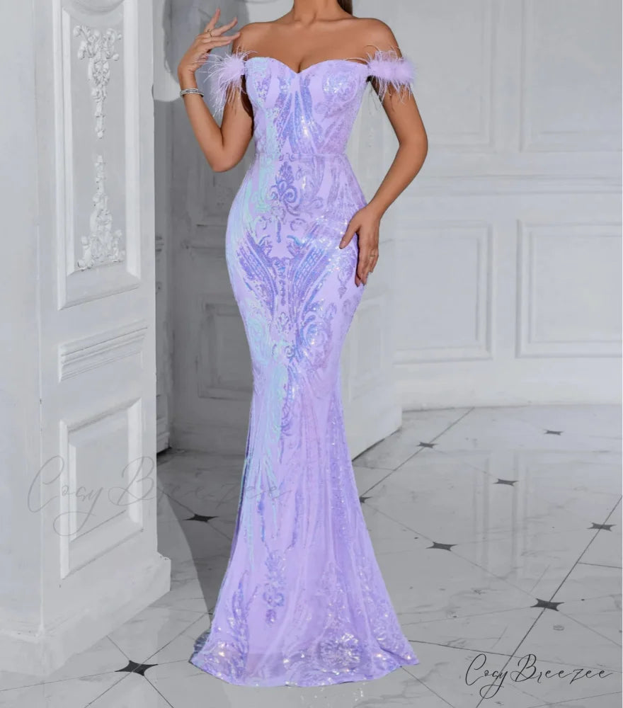 Solid Faux Feather Off-Shoulder Party Dress