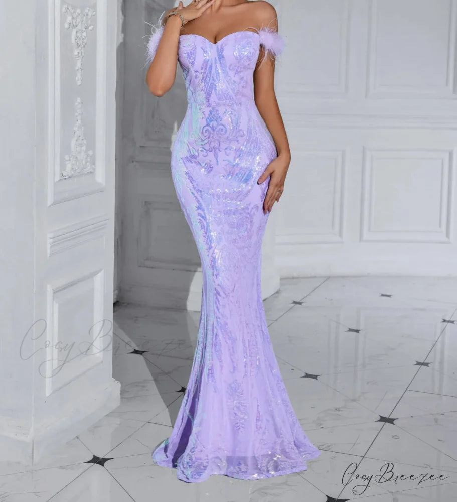 Solid Faux Feather Off-Shoulder Party Dress