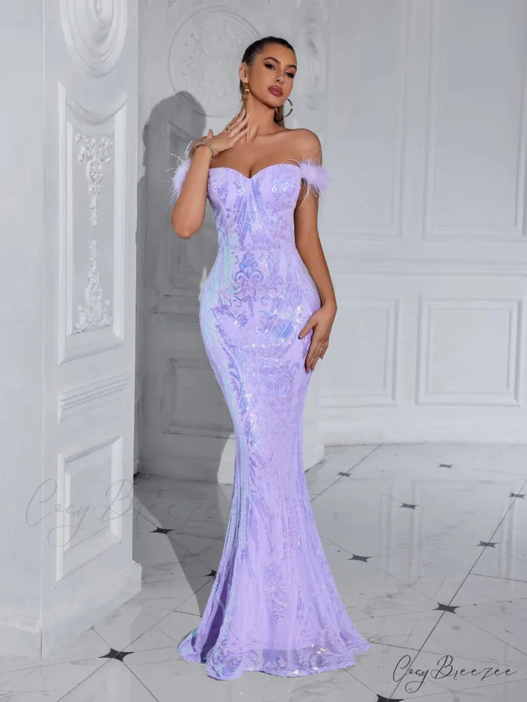 Solid Faux Feather Off-Shoulder Party Dress Violet Club Dress / XS