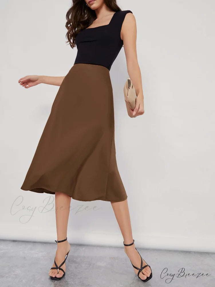 Solid High Waist Satin Skirt Workwear Coffee Brown / XS