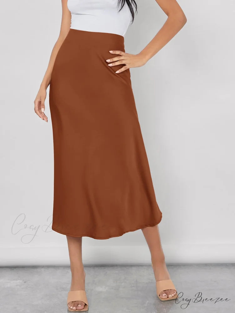 Solid High Waist Satin Skirt Workwear Rust Brown / XS