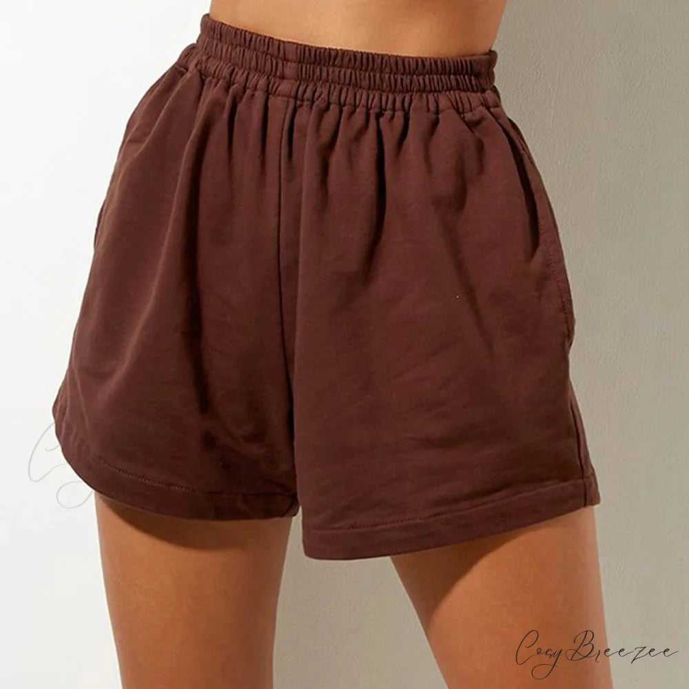 Solid High Waist Sweatpants Shorts Brown / S short-250223