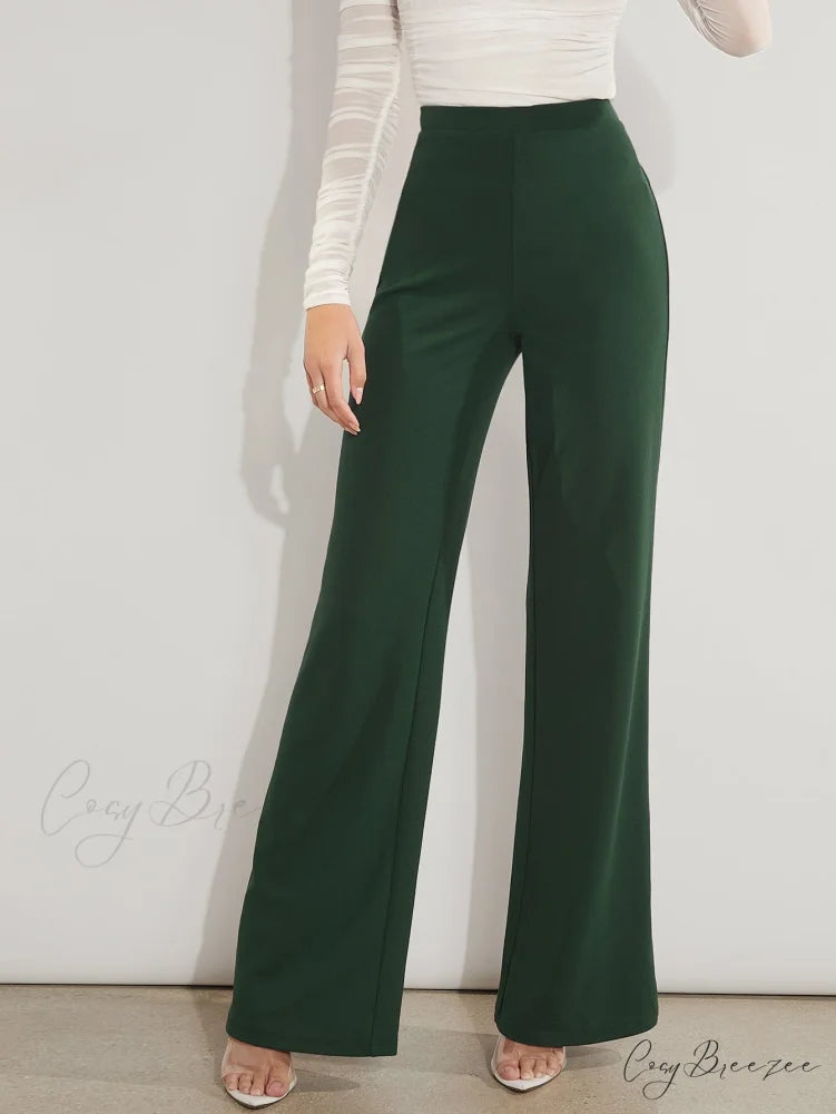 Solid High Waist Wide Leg Pants Dark Green / XS
