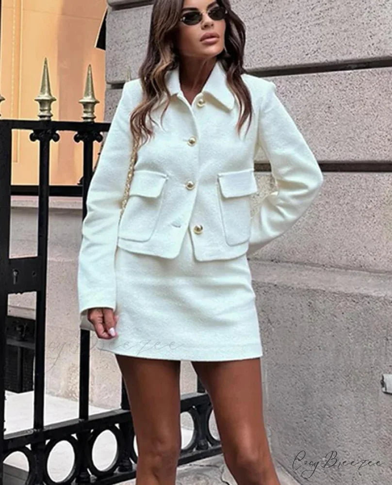 Solid Jacket Cropped Mini Skirt Office Set officetwopieceset-250223