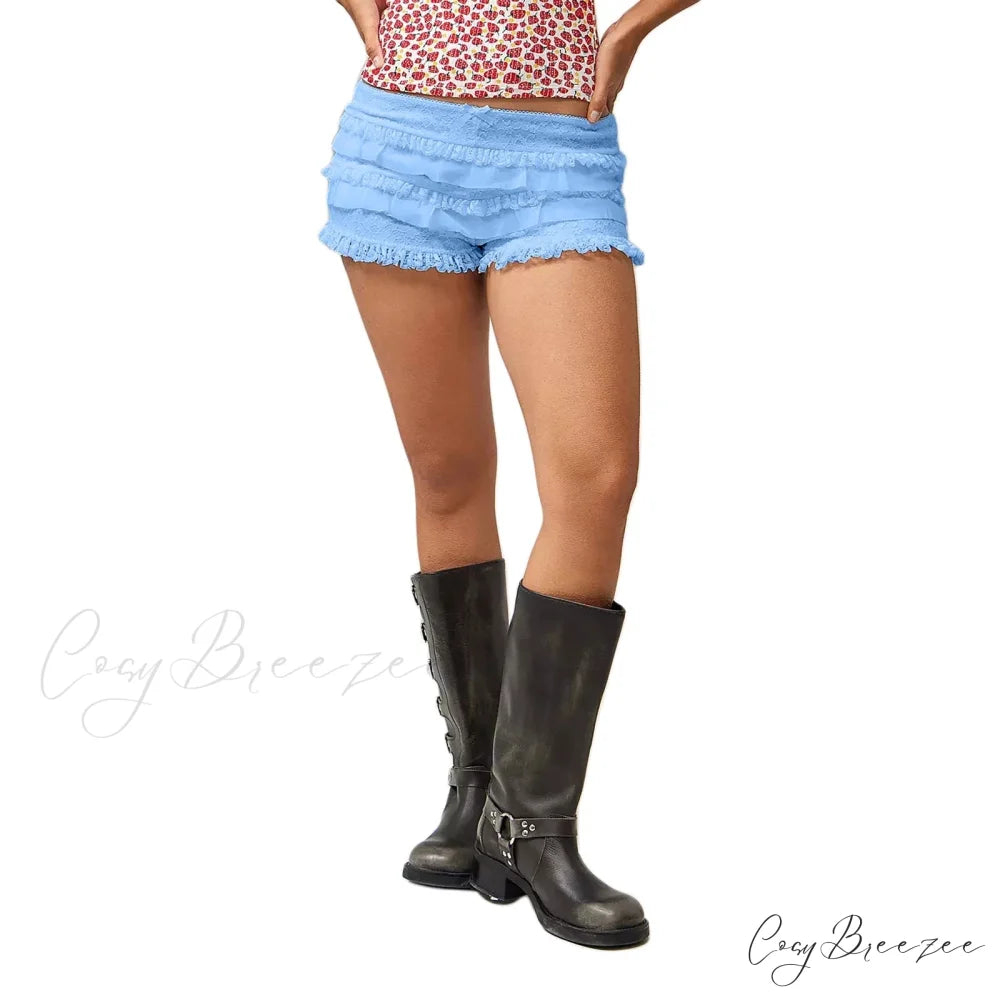 Solid Lace Ruffle Bloomer Shorts Blue / S short-250223