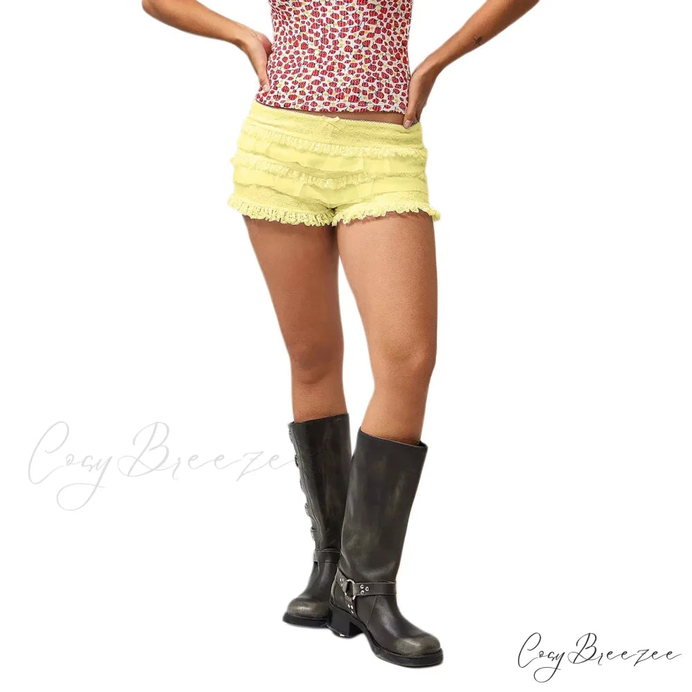 Solid Lace Ruffle Bloomer Shorts Yellow / S short-250223