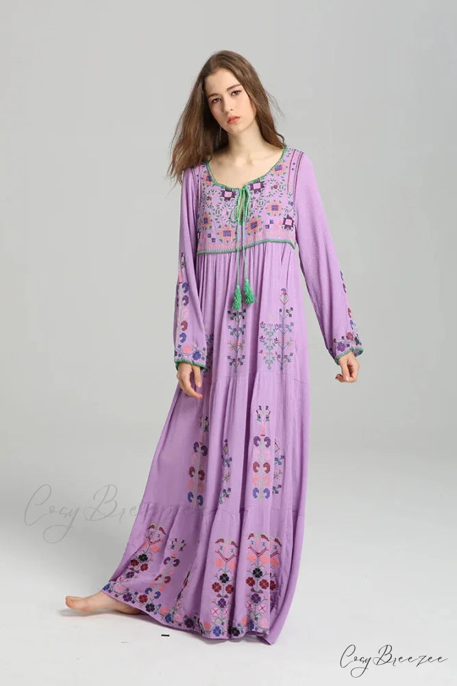 Solid Lace Short Sleeve V-neck Maxi Boho Dress Purple / One Size bohodress-250126