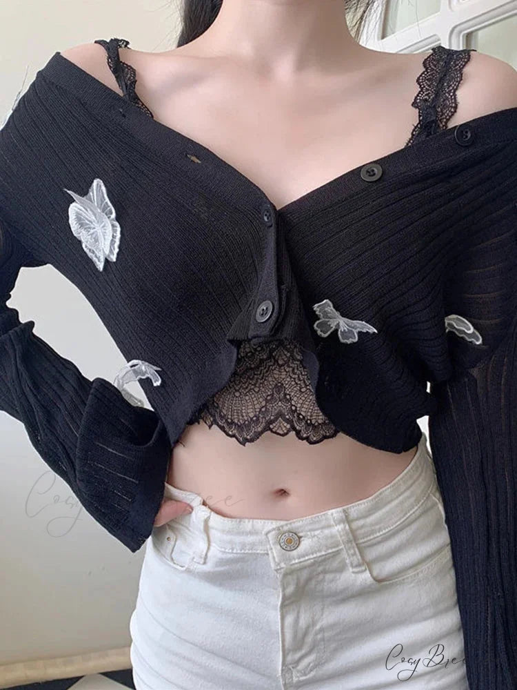 Solid Lantern Sleeve Button Down Knit Cardigan Black / One Size cardiagn-250126