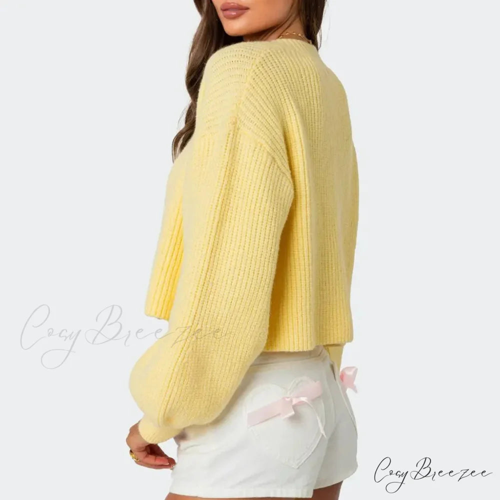 Solid Lantern Sleeve Button Down Knit Cardigan cardiagn-250126