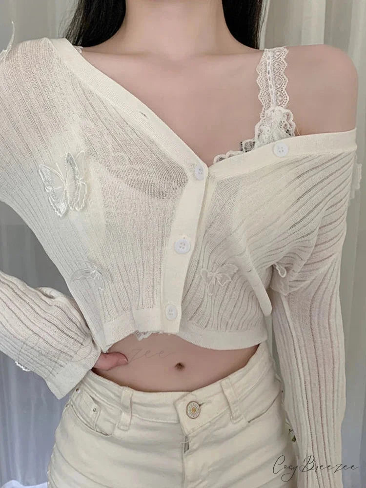 Solid Lantern Sleeve Button Down Knit Cardigan WHITE / One Size cardiagn-250126