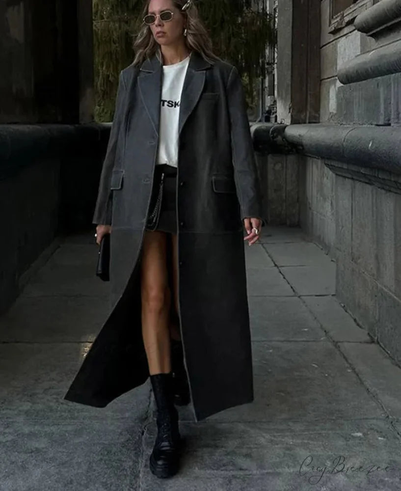 Solid Leather Lapel Single-Breasted Coat overcoats-241228