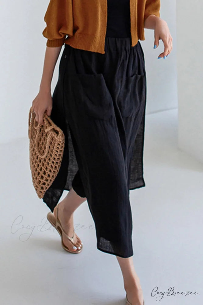 Solid Linen Midi Skirt with Pockets Black / L