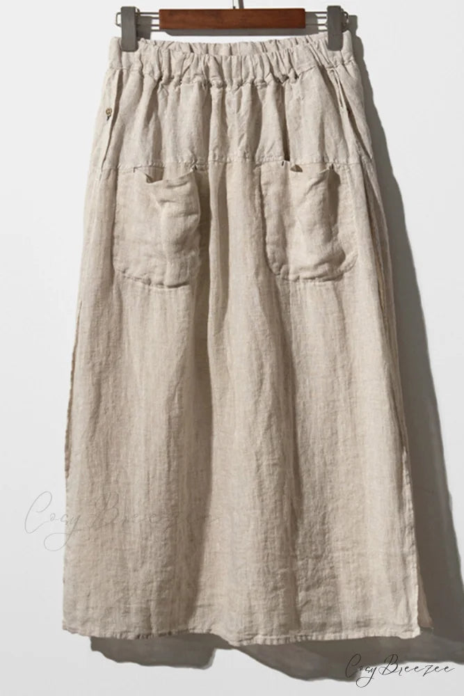 Solid Linen Midi Skirt with Pockets Khaki / M