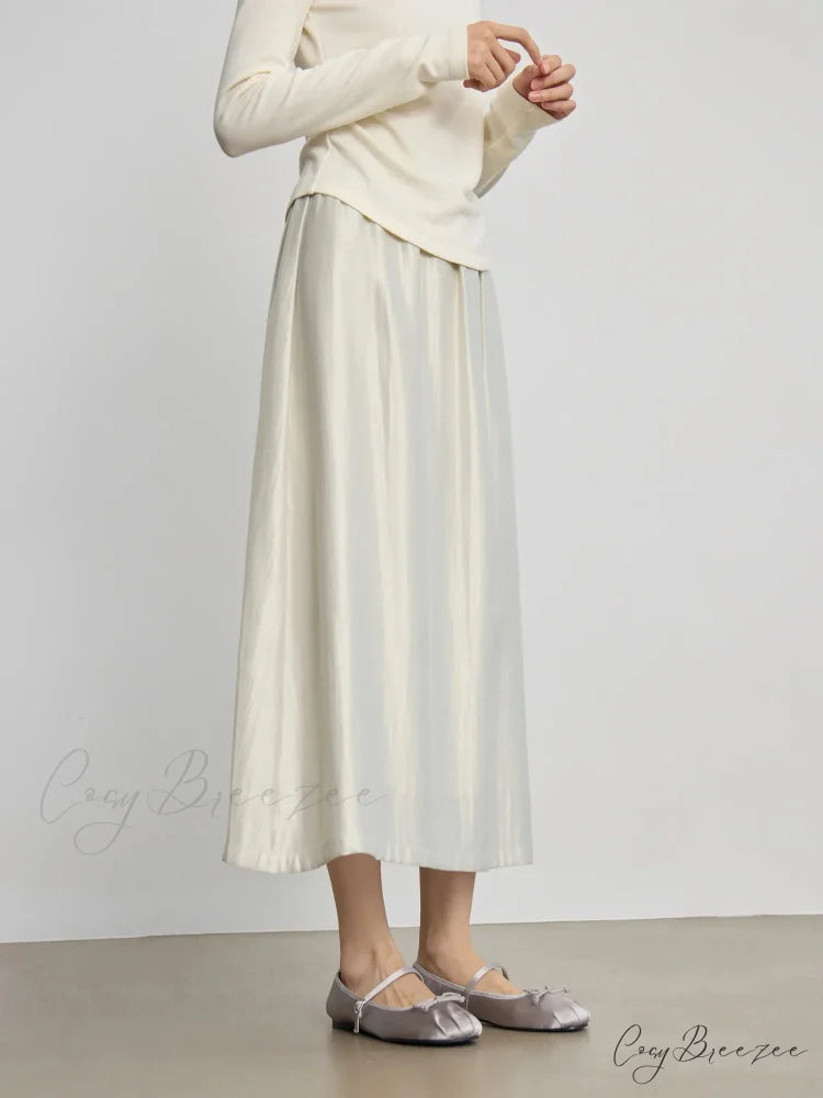 Solid Long High Waist Elastic Silver Grey Draped A-Line Commuter Skirt