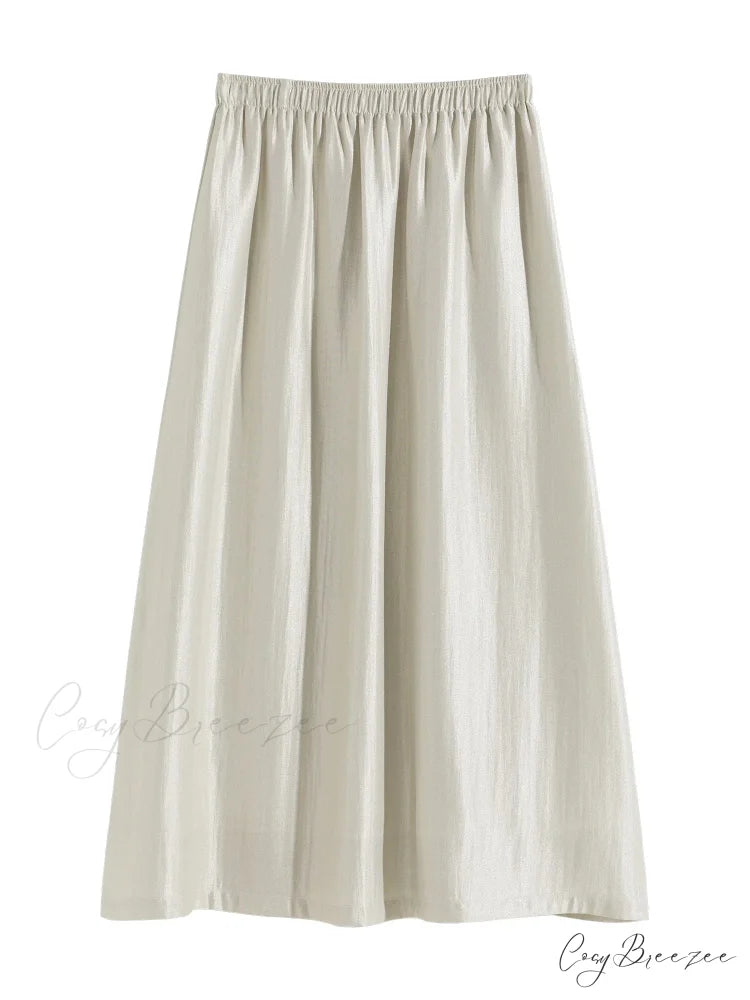Solid Long High Waist Elastic Silver Grey Draped A-Line Commuter Skirt