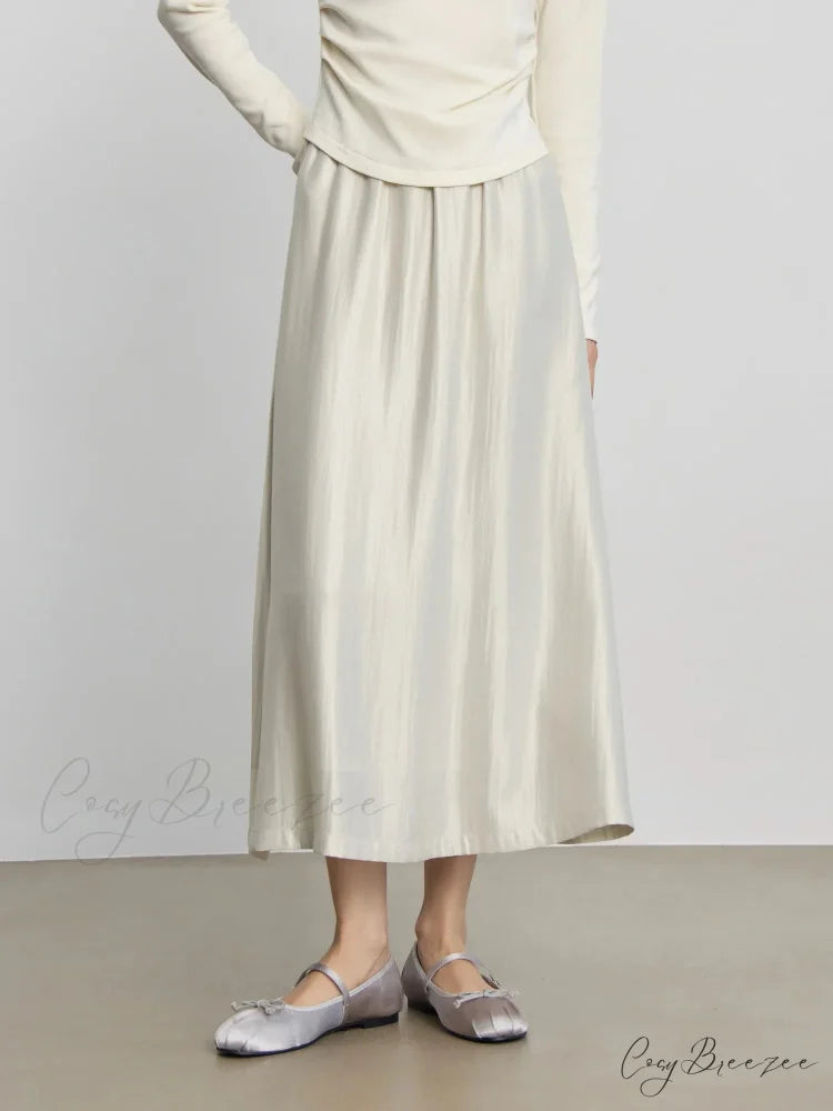 Solid Long High Waist Elastic Silver Grey Draped A-Line Commuter Skirt WHITE / XXS