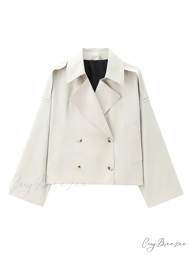 Solid Loose Contrast Double Collar Double Breasted Long Women’s Windbreaker Office Lady 2024 Stylish Coat