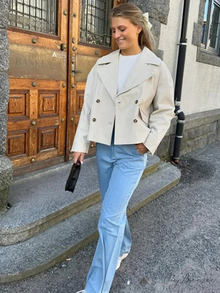 Solid Loose Contrast Double Collar Double Breasted Long Women’s Windbreaker Office Lady 2024 Stylish Coat