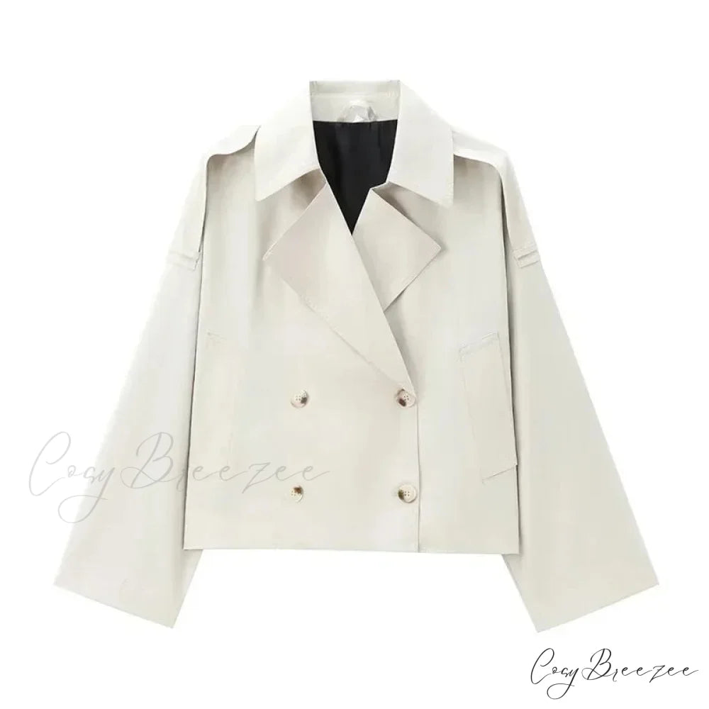 Solid Loose Contrast Double Collar Double Breasted Long Women’s Windbreaker Office Lady 2024 Stylish Coat BEIGE / XS