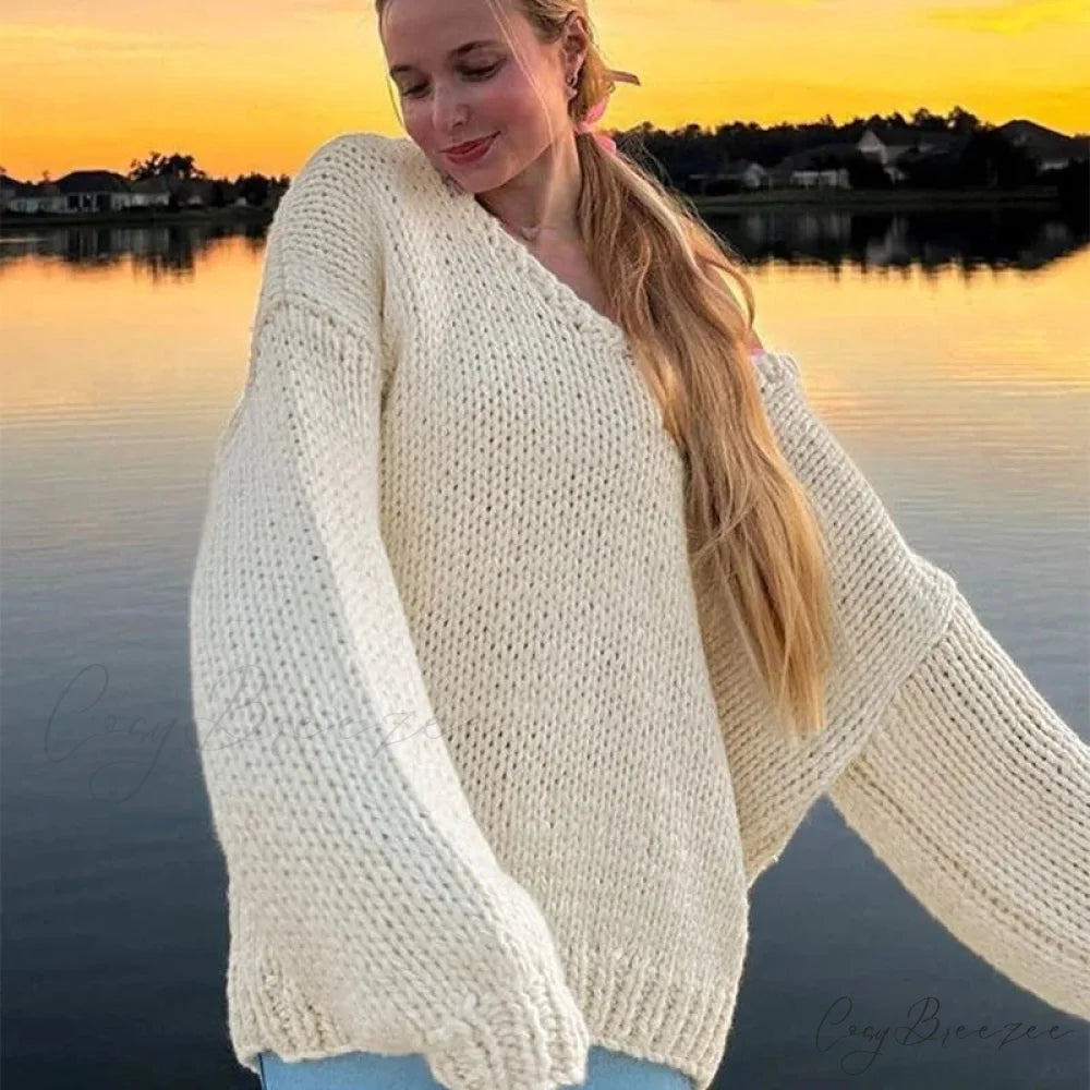 Solid Loose V-neck Off-Shoulder Sweater Apricot / S swraters-241228