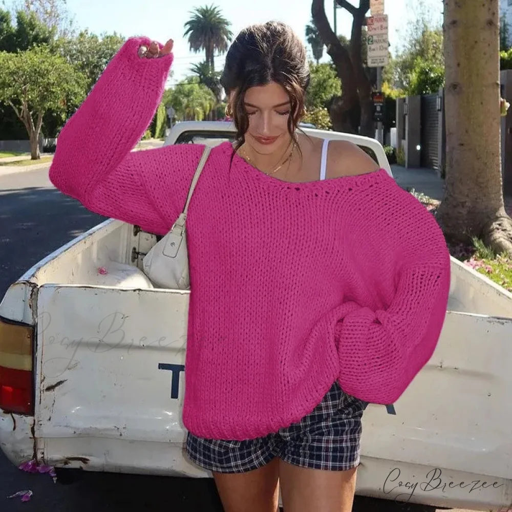 Solid Loose V-neck Off-Shoulder Sweater swraters-241228