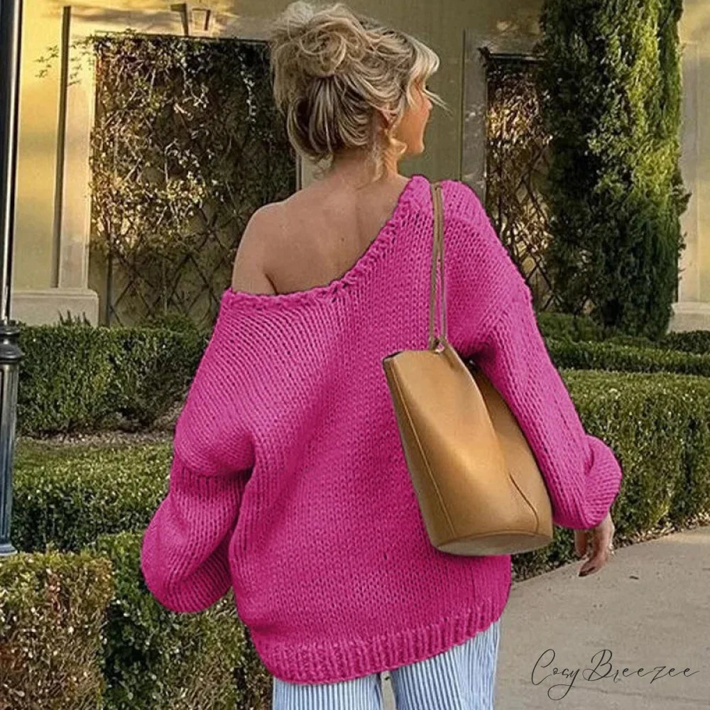 Solid Loose V-neck Off-Shoulder Sweater swraters-241228