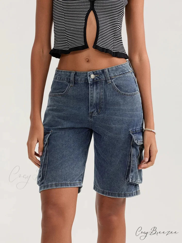 Solid Mid Rise Button Denim Shorts Blue / S short-250223