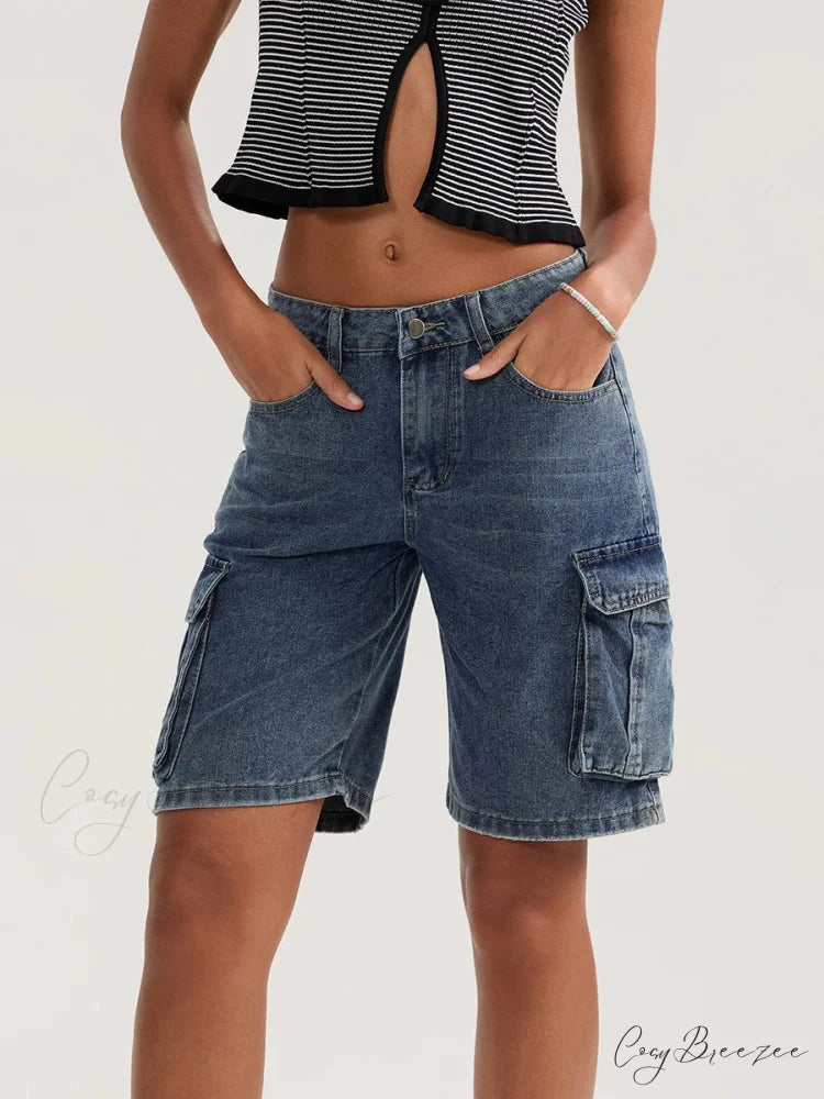 Solid Mid Rise Button Denim Shorts short-250223