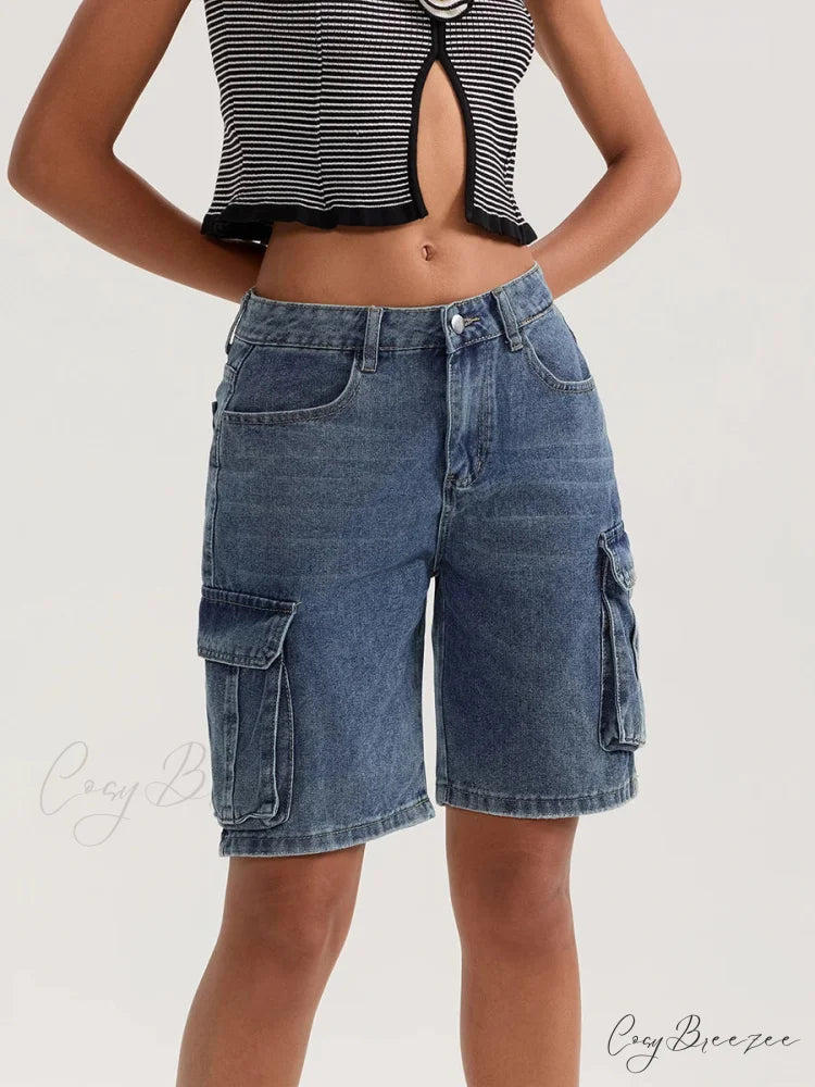 Solid Mid Rise Button Denim Shorts short-250223
