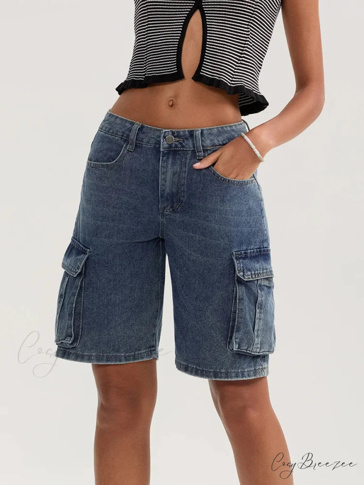 Solid Mid Rise Button Denim Shorts short-250223