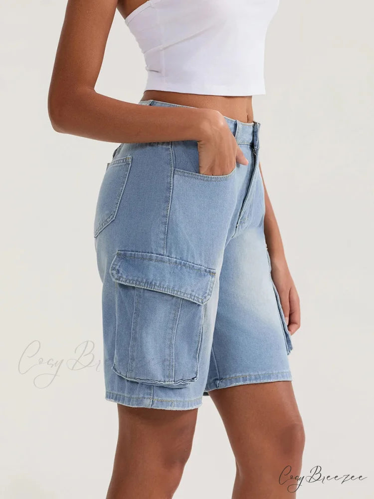 Solid Mid Rise Button Denim Shorts short-250223