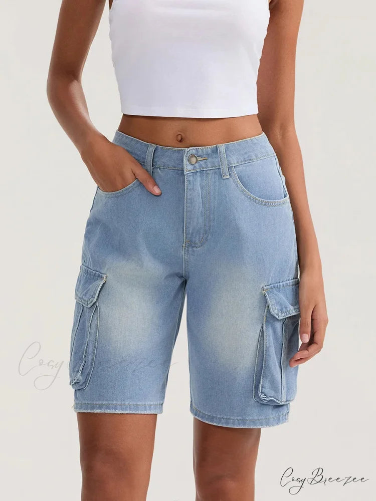 Solid Mid Rise Button Denim Shorts short-250223
