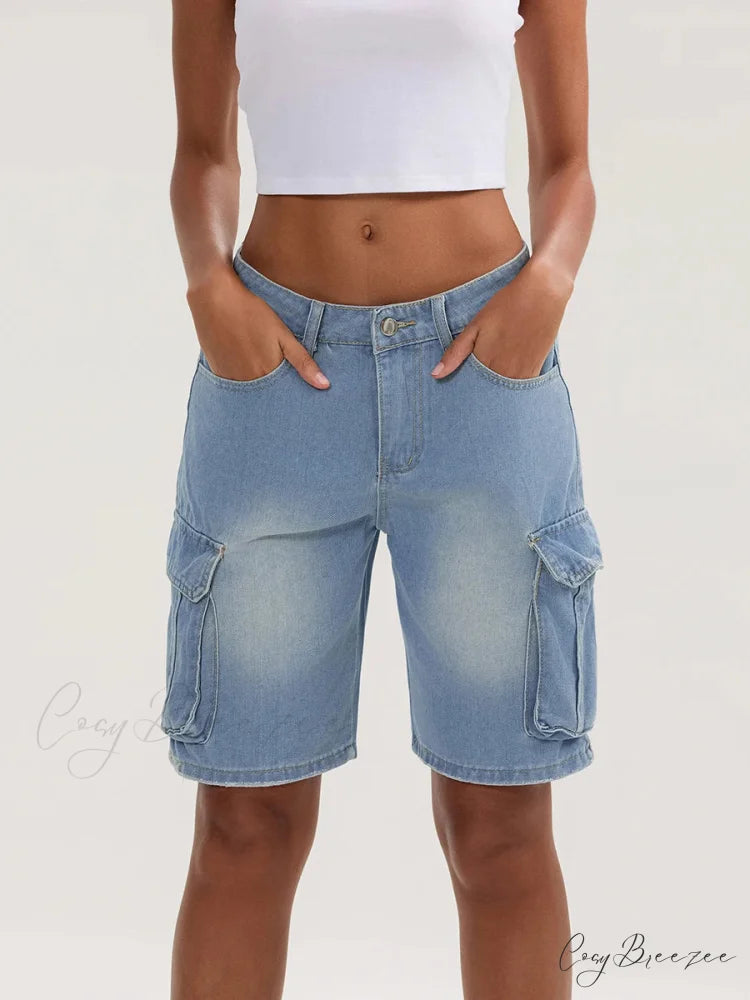 Solid Mid Rise Button Denim Shorts SKY BLUE / S short-250223