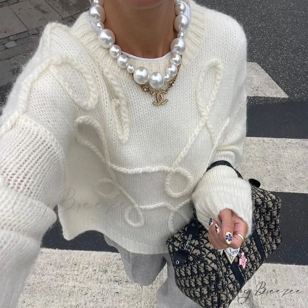 Solid O-neck Long Sleeve Casual Sweater White / S swraters-241228