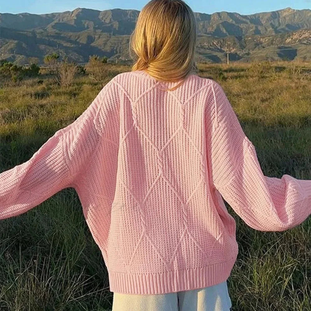 Solid O-neck Ribbed Long Sleeve Sweater Pink / S swraters-241228