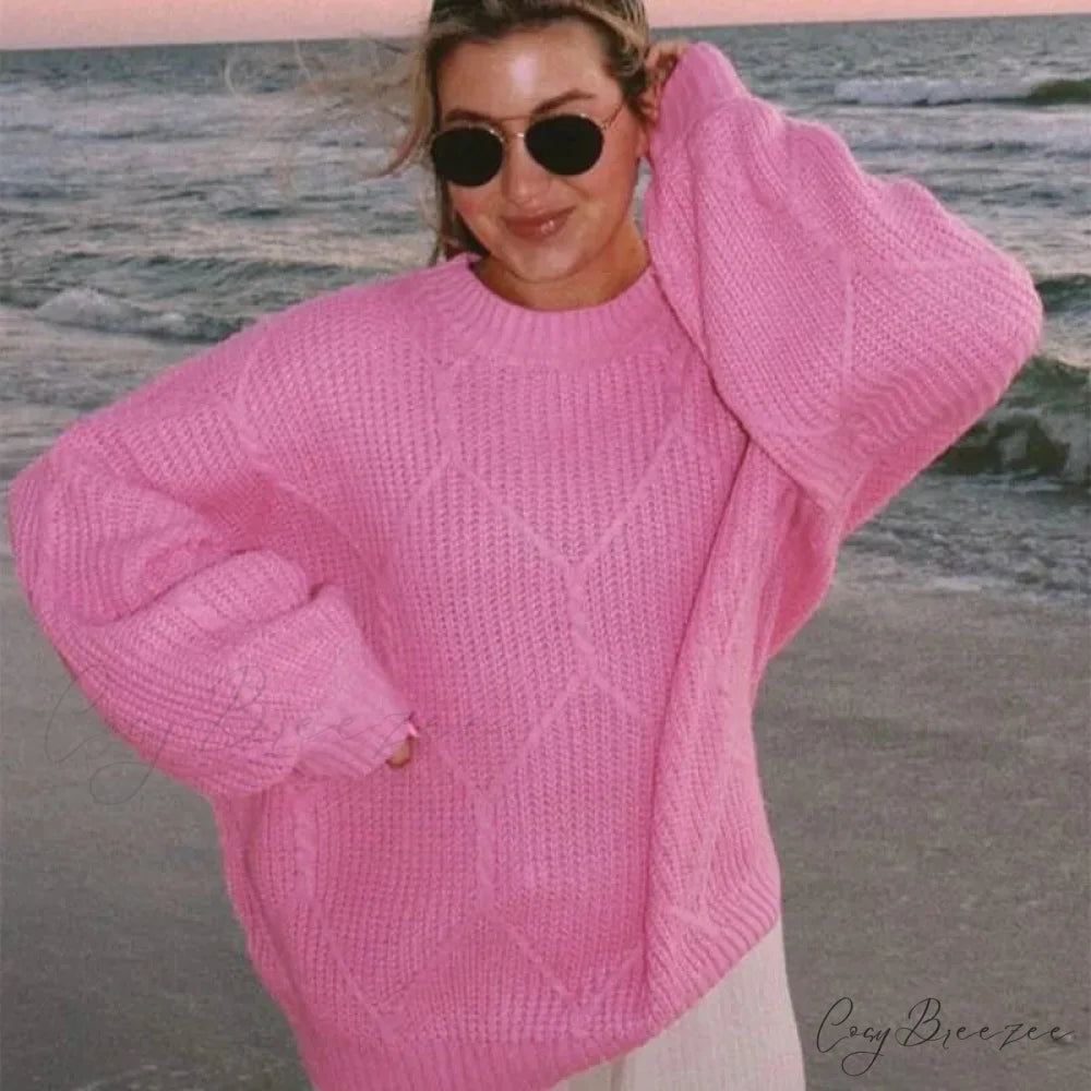 Solid O-neck Ribbed Long Sleeve Sweater Rose Red / S swraters-241228